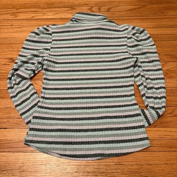 Anthropologie Maeve Striped Puff Shoulder Ribbed Stretch Turtleneck - Picture 3 of 3